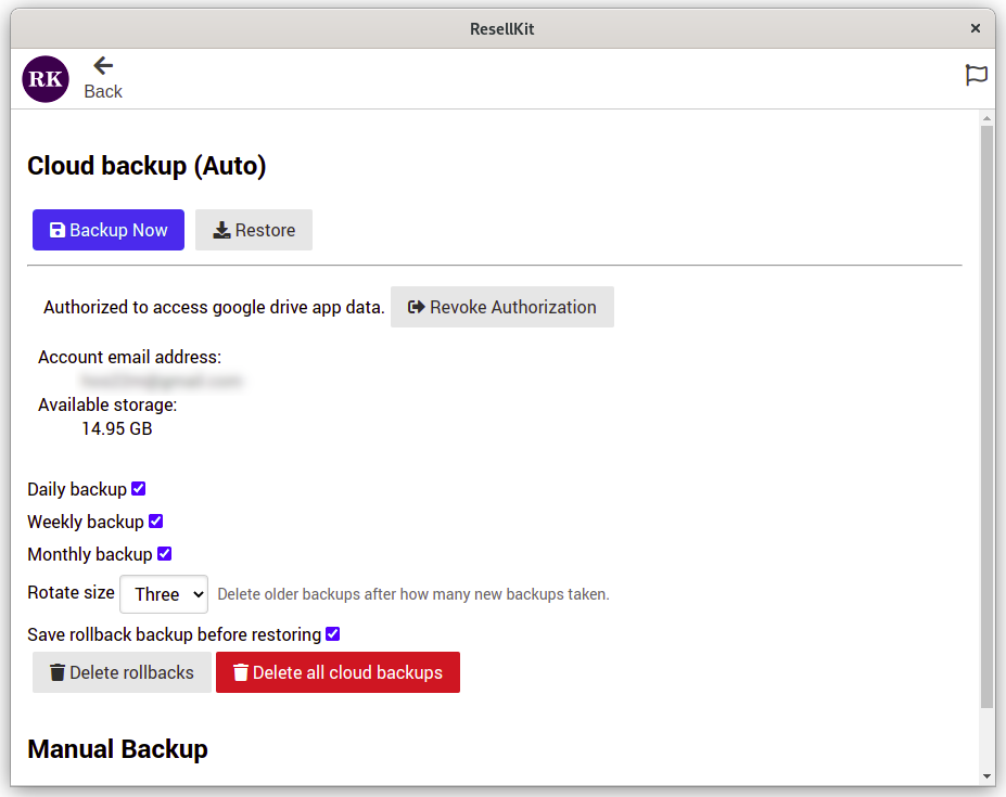 A screenshot of the manage backup page once google drive has been authorized