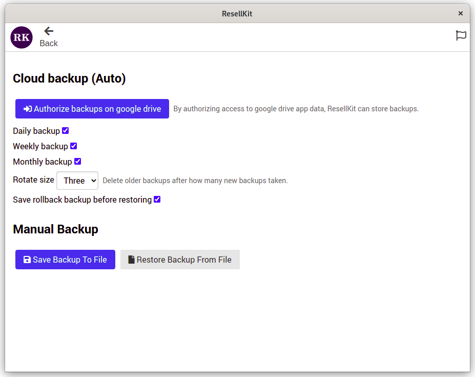 A screenshot of the manage backup page