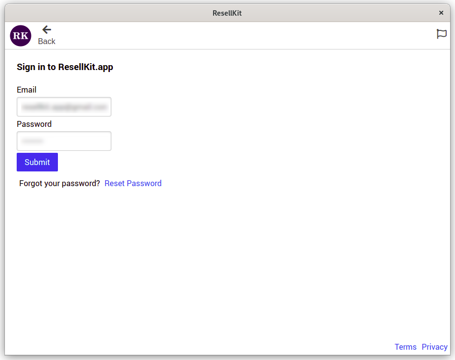 RK's resellkit.app sign in screen